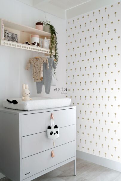 papel pintado habitación de bebé palmeras blanco y oro 139158