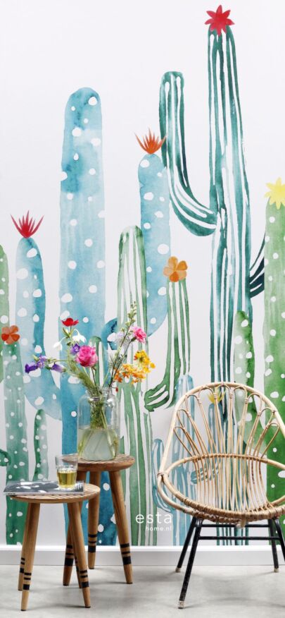fotomural cactus en flor pintados a la acuarela verde selva tropical y turquesa
