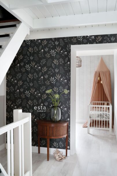 papel pintado diseño floral en estilo escandinavo negro, gris, beige y rosa