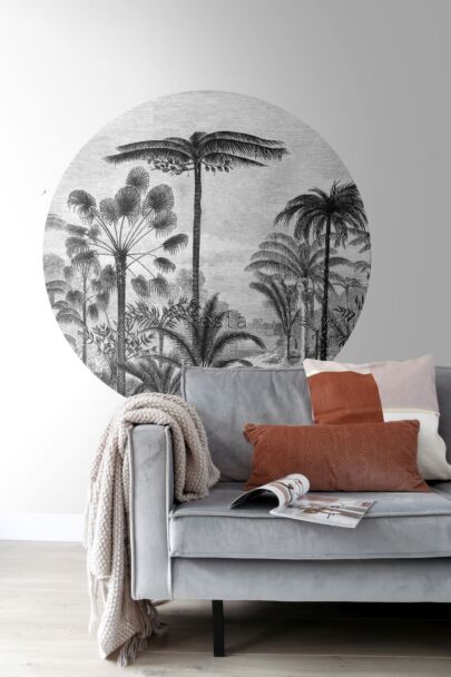 mural redondo autoadhesivo salón paisaje con palmeras blanco y negro 159006