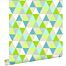 papel pintado triángulos verde limón, turquesa y beige