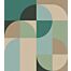 fotomural motivo geométrico en estilo Bauhaus verde pertróleo, menta verde y beige