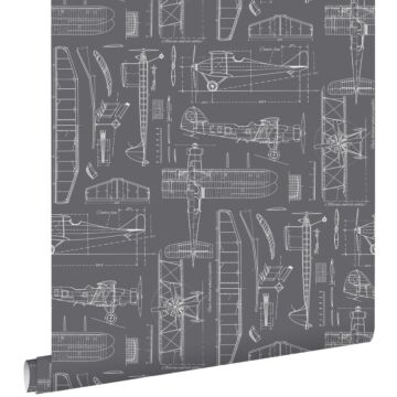 papel pintado planos de construcción de aviones gris oscuro