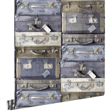 papel pintado maletas vintage azul y marrón