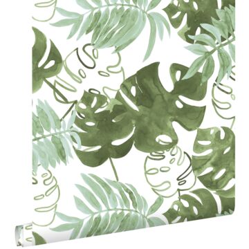 papel pintado hojas de la selva tropical pintadas verde oliva agrisado