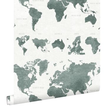 papel pintado mapa del mundo vintage con textura de tejido verde grisáceo