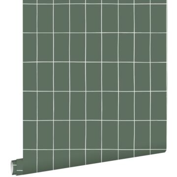 papel pintado azulejos pequeños verde grisáceo y blanco