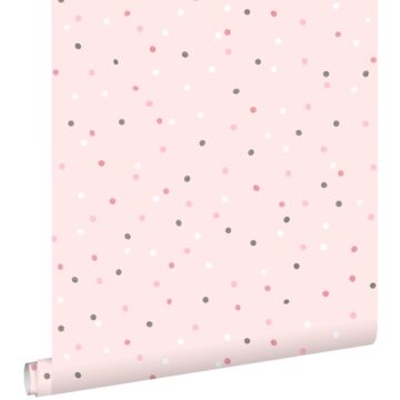 papel pintado puntos lunares rosa y gris cálido