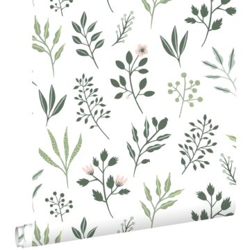 papel pintado diseño floral en estilo escandinavo blanco y verde grisáceo