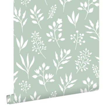 papel pintado diseño floral en estilo escandinavo menta verde y blanco