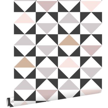 papel pintado triángulos gráficos blanco, negro, gris cálido y rosa viejo
