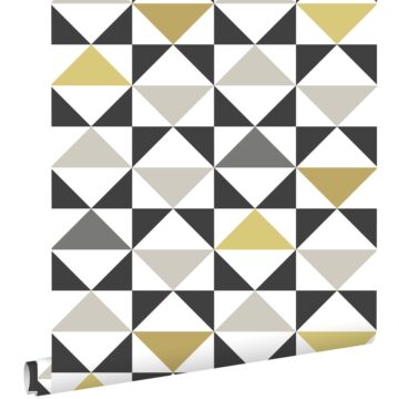 papel pintado triángulos gráficos blanco, negro, gris y amarillo ocre
