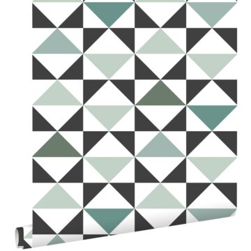 papel pintado triángulos gráficos blanco, negro, menta verde y verde mar
