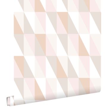 papel pintado triángulos gráficos rosa suave, naranja cálido y beige