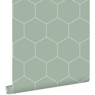 papel pintado hexágono verde grisáceo y blanco