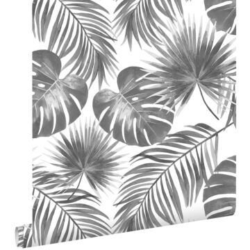 papel pintado hojas tropicales blanco y negro
