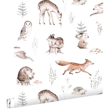 papel pintado animales del bosque vintage blanco, naranja y marrón