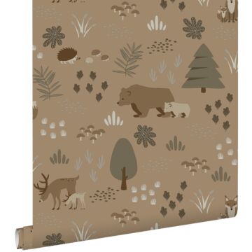 papel pintado bosque con animales del bosque marrón beis