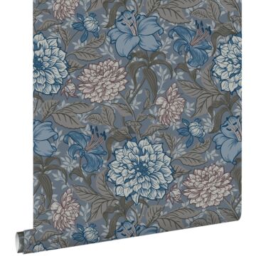papel pintado flores vintage azul agrisado y gris cálido