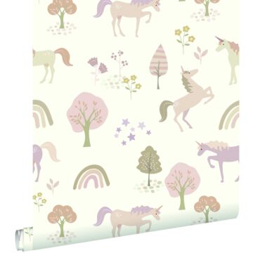 papel pintado unicornios beige y rosa suave