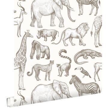 papel pintado animales de la selva blanquecino