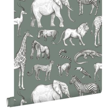 papel pintado animales de la selva verde grisáceo