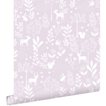 papel pintado bosque con animales del bosque morado lila