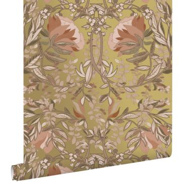 papel pintado flores vintage en estilo art nouveau oro y rosa terracota