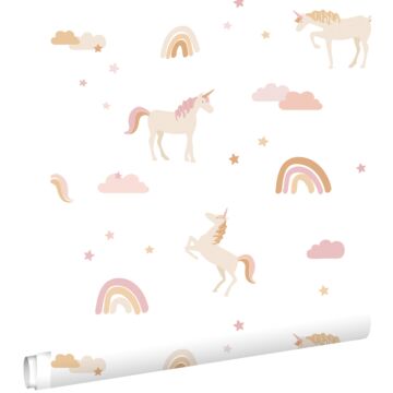 papel pintado unicornios blanco, rosa suave y amarillo ocre