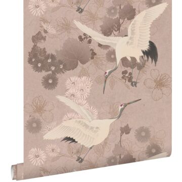 papel pintado pájaros grulla rosa gris