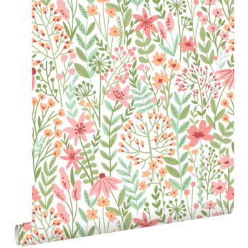 papel pintado flores silvestres verde, rosa y naranja cálido
