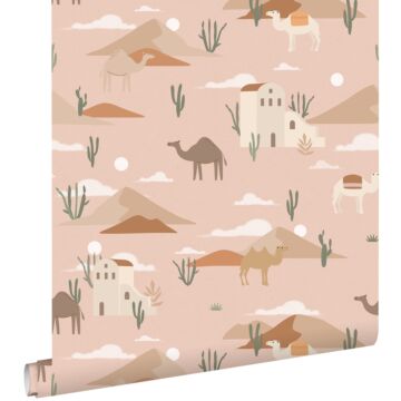 papel pintado camellos y cactus rosa terracota