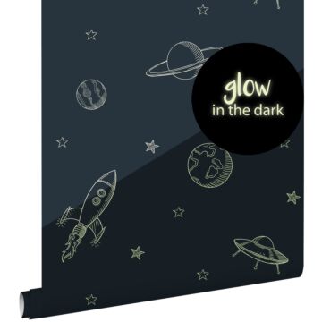 papel pintado glow-in-the-dark planetas en el espacio azul oscuro