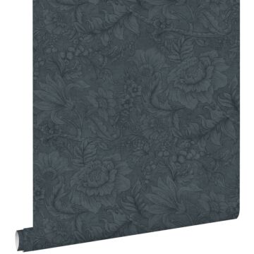 papel pintado diseño floral azul oscuro