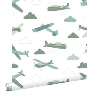 papel pintado aviones verde grisáceo y azul