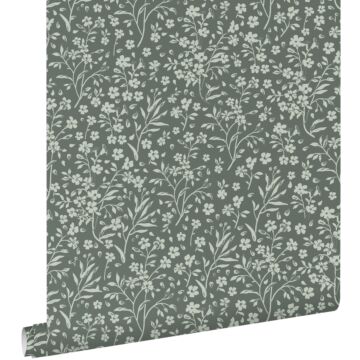 papel pintado flores verde grisáceo