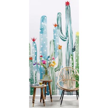 fotomural cactus en flor pintados a la acuarela verde selva tropical y turquesa