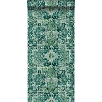 papel pintado alfombra Keilim de retazos vintage de Marrakech o de Ibiza verde esmeralda intenso