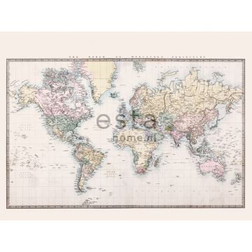fotomural mapa del mundo vintage beige, amarillo pastel claro, rosa cipria pastel claro y verde