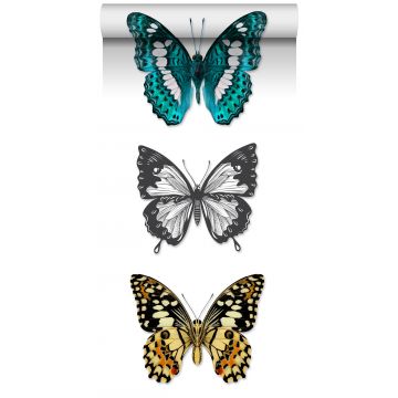 papel pintado XXL mariposas turquesa, negro y blanco