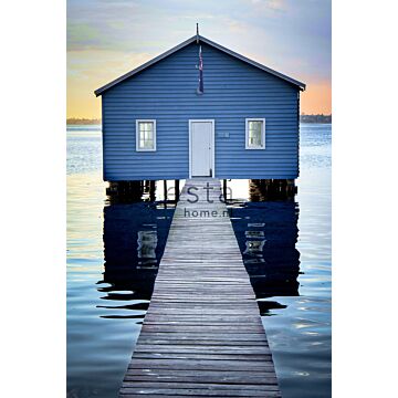 fotomural casa de playa azul, gris y rojo atardecer
