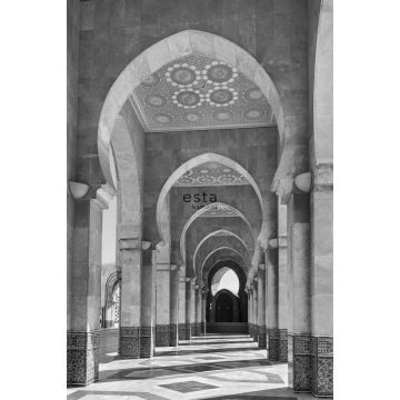 fotomural Galería de Riad marroquí de Marrakech blanco y negro