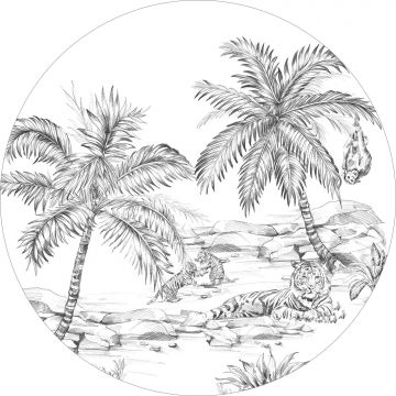 mural redondo autoadhesivo dibujo a la pluma de safari blanco y negro