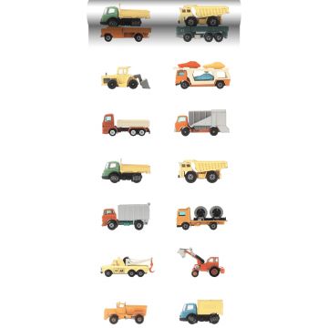 papel pintado XXL camiones y tractores amarillo, naranja y azul