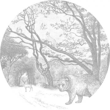 mural redondo autoadhesivo bosque con animales del bosque gris