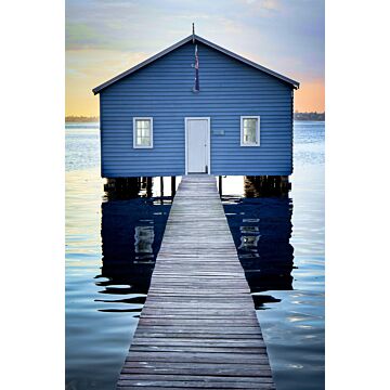 fotomural casa de playa azul, gris y rojo atardecer