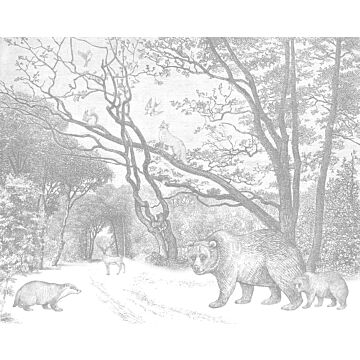 fotomural bosque con animales del bosque gris